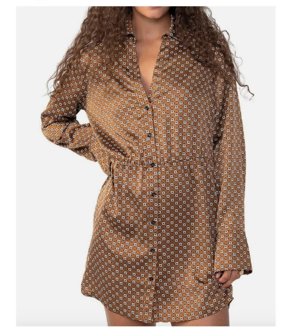 Sanctuary shirtdress women's M geometric print satin long cuff sleeve mini brown